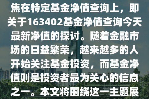 163402基金净值查询今天最新净值,关于今天最新净值查询的探讨——以基金净值为例，聚焦在特定基金净值查询上，即关于163402基金净值查询今天最新净值的探讨。随着金融市场的日益繁荣，越来越多的人开始关注基金投资，而基金净值则是投资者最为关心的信息之一。本文将围绕这一主题展开，为广大投资者提供最新的基金净值信息，并探讨与之相关的投资问题。